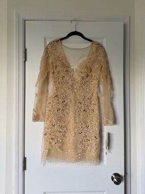Basix Black Label Champagne Beaded Long Sleeve Cocktail Dress